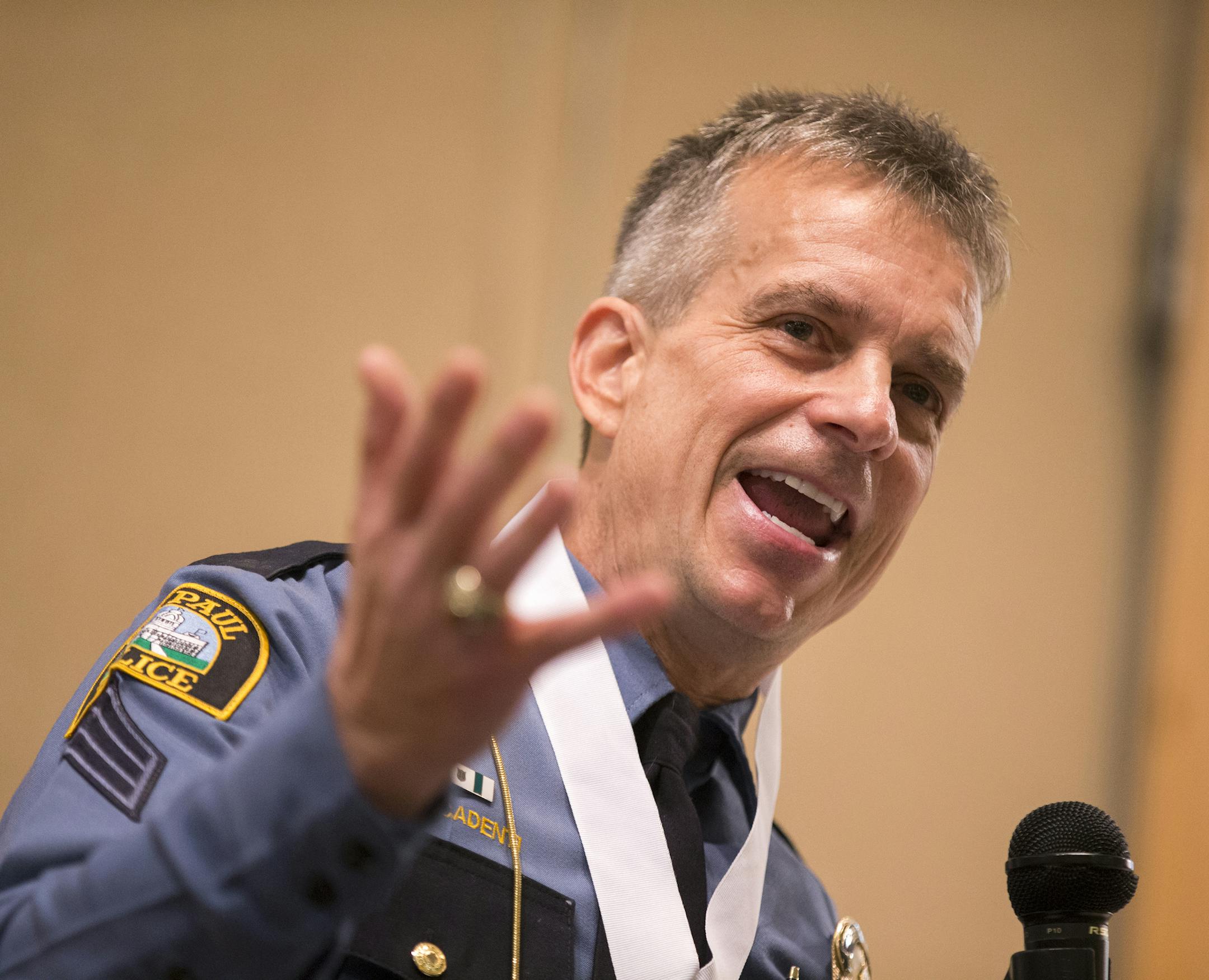 St. Paul Police officer of the year Sgt. Mark Ficcadenti makes a speech during the St. Paul Police Award Ceremony recognizing the officer, detective and civilian employees of the year at the Holiday Inn on Burns Avenue in St. Paul on Wednesday, April 8, 2015. ] LEILA NAVIDI leila.navidi@startribune.com /