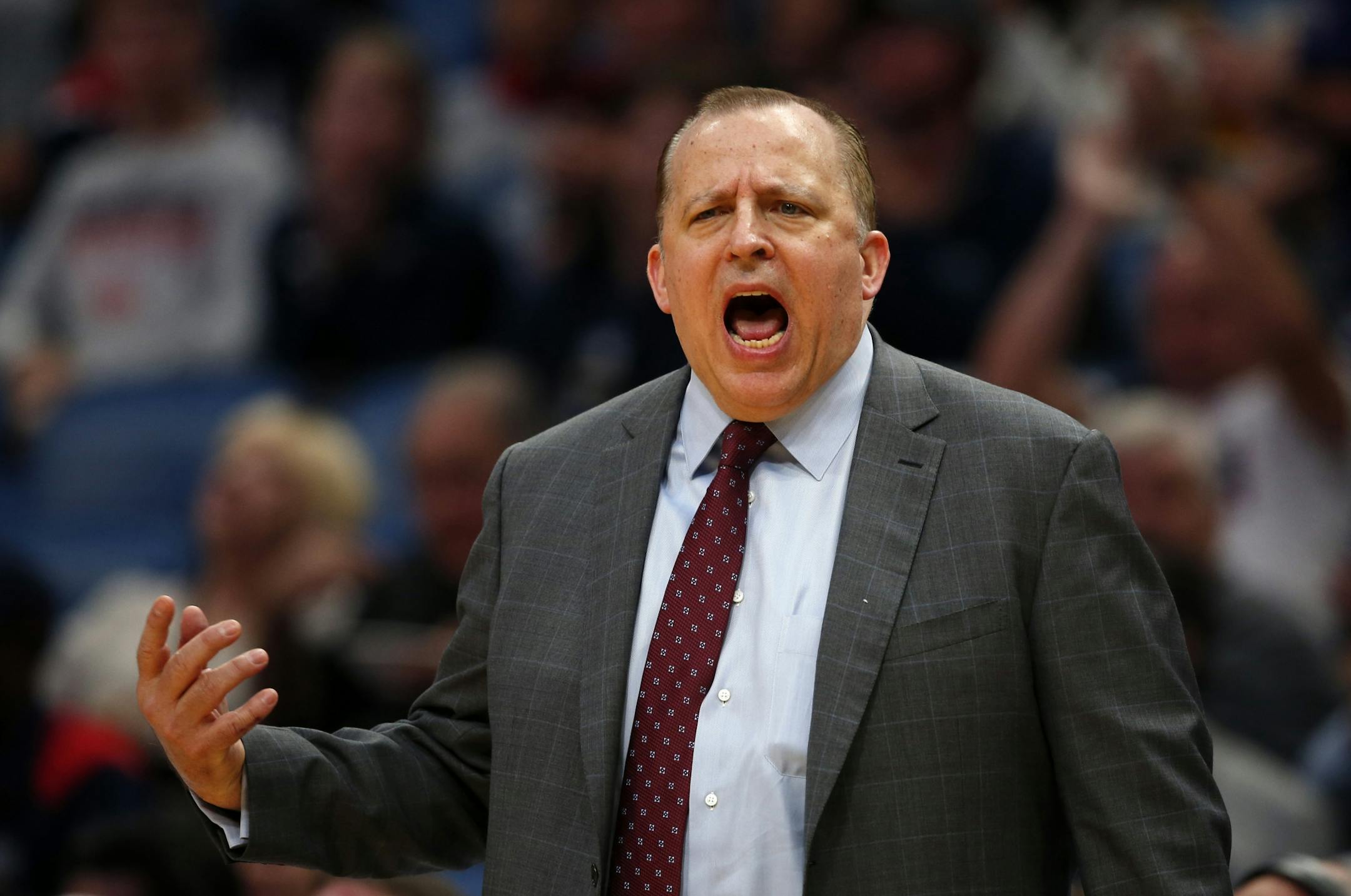 Minnesota Timberwolves coach Tom Thibodeau shouts during the second half of the team's NBA basketball game against the New Orleans Pelicans in New Orleans, Wednesday, Nov. 29, 2017. The Timberwolves won 120-102.