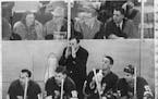 North Stars coach Wren Blair (behind players, from left to right, Parker MacDonald, Ray Cullen, Bill Collins and Andre Boudrias) convinced his bosses 