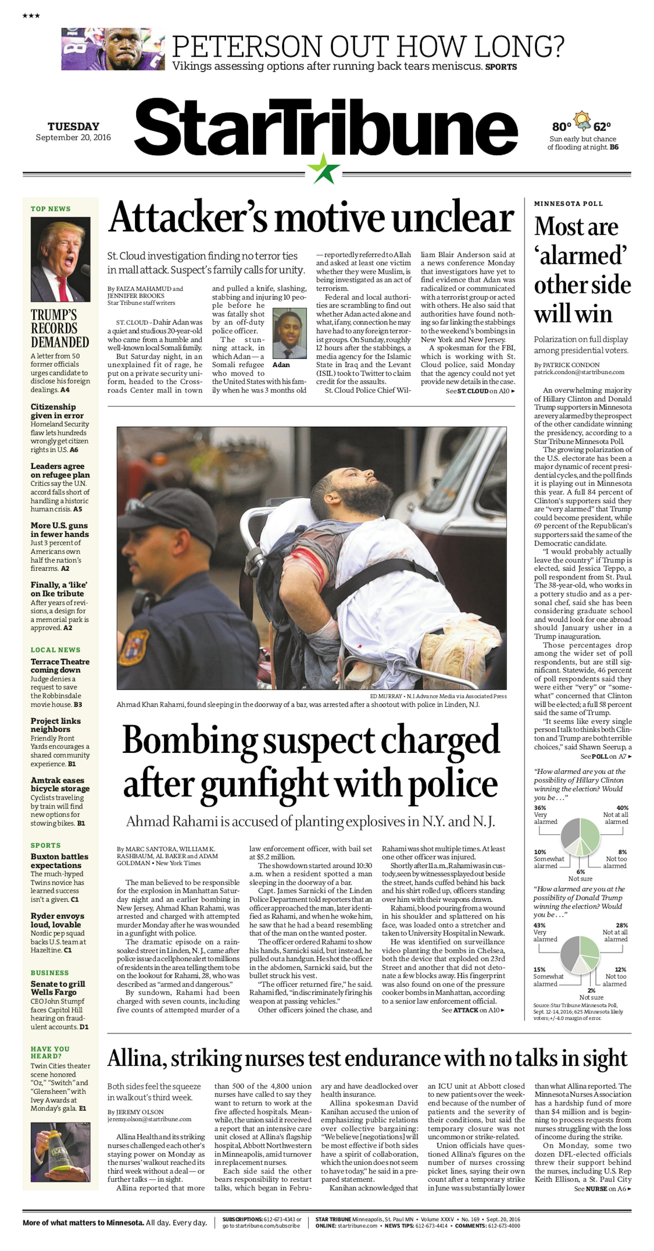 Here is a front page from the Star Tribune's print edition in the wake of a stabbing attack at a mall in St. Cloud.