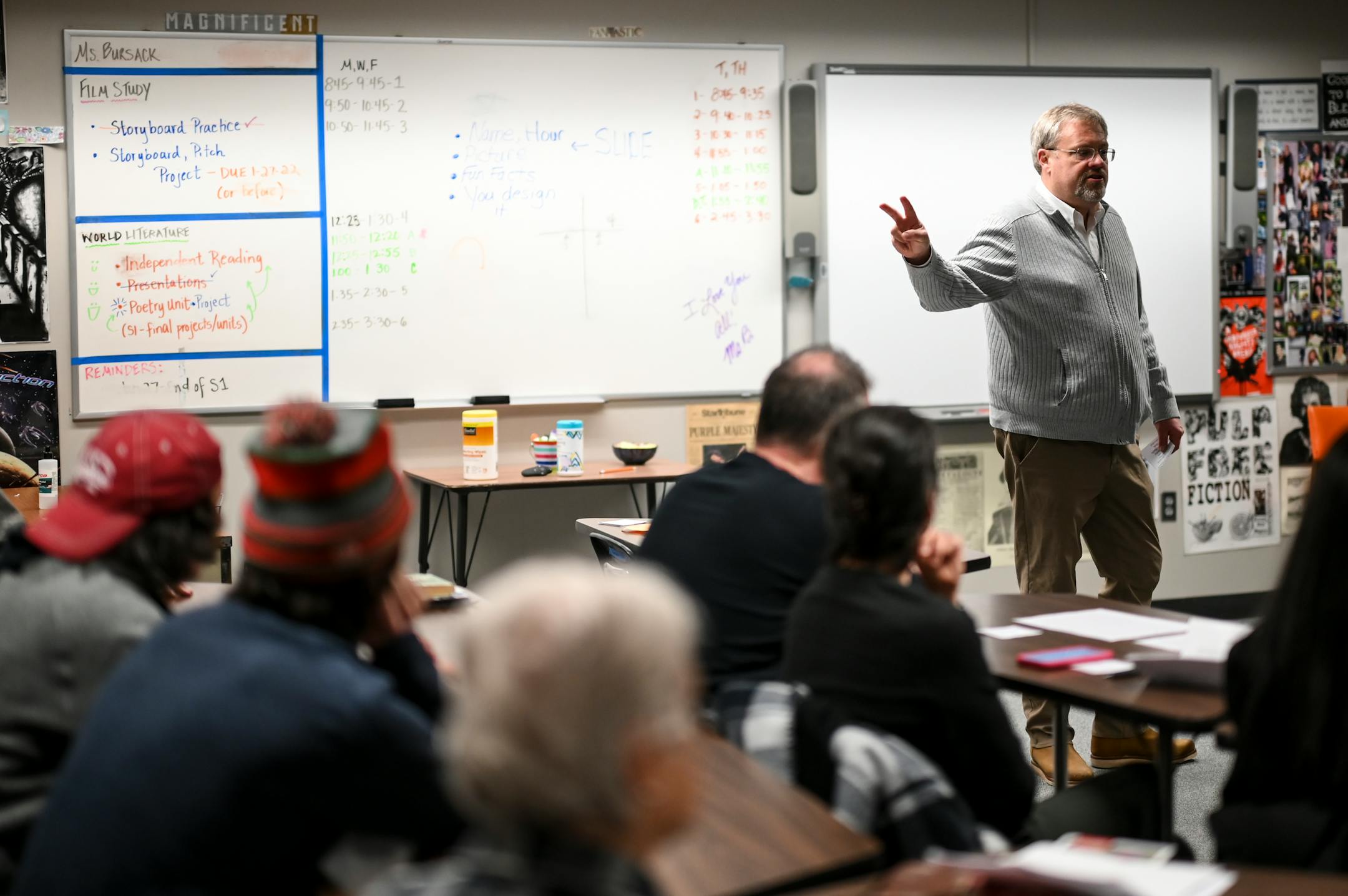 Attorney Nathan Hansen caucuses in support of gubernatorial candidate Dr. Scott Jensen during a GOP Caucus Tuesday, Feb. 1, 2022 at White Bear Lake Area High School in White Bear Lake, Minn. Hansen sees masking and COVID mandates as the top issues in the next election, and says he hopes the next governor ends what he calls the "Biomedical Terror State."