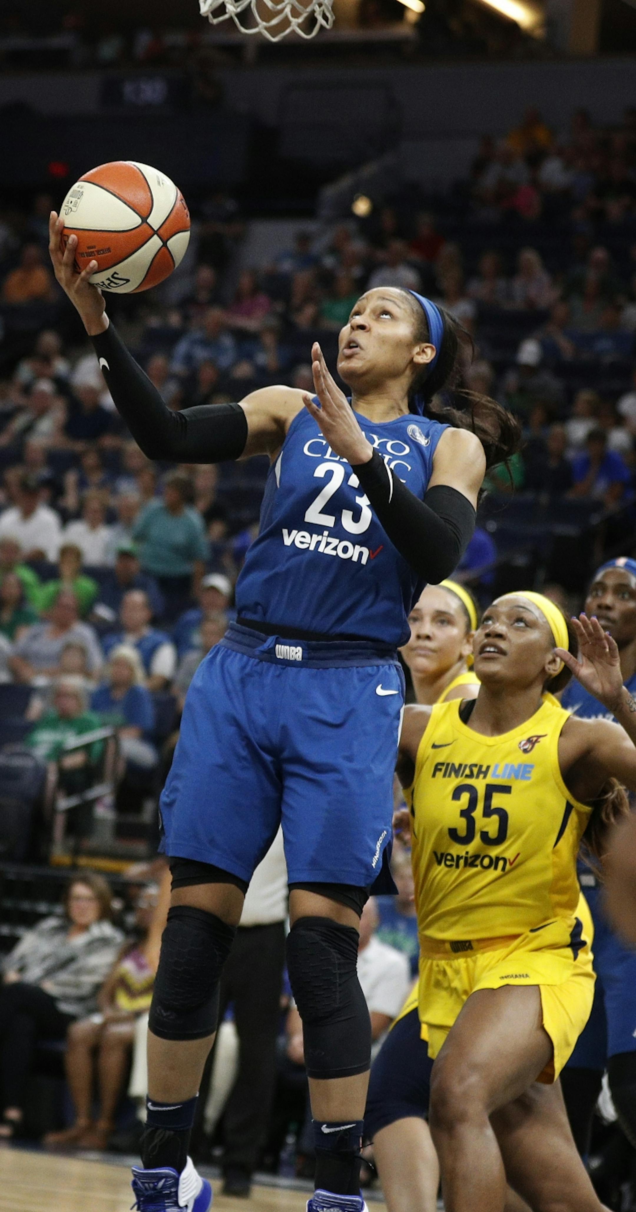 Lynx Maya Moore scored over Victoria Vivians at Target Center Wednesday July 18, 2018 in Minneapolis , MN.