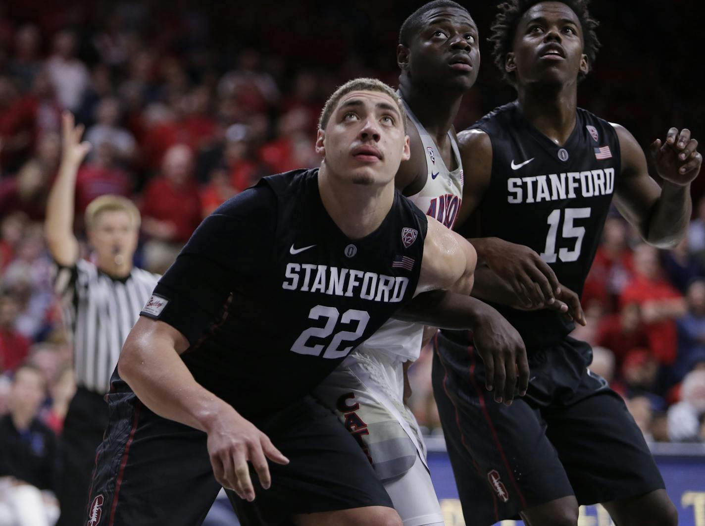 Stanford forward Reid Travis (22) during the second half of an NCAA college basketball game against Arizona, Wednesday, Feb. 8, 2017, in Tucson, Ariz. Arizona defeated Stanford 74-67. (AP Photo/Rick Scuteri)