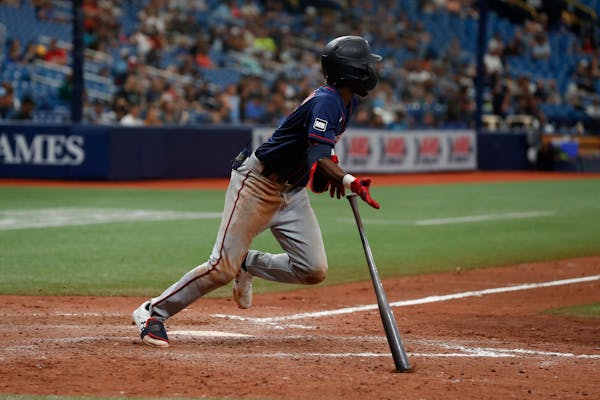Minnesota Twins's Nick Gordon hits a winning single agains the Tampa Bay Rays during the ninth inning of a baseball game on Sunday, Sept. 5, 2021, in 