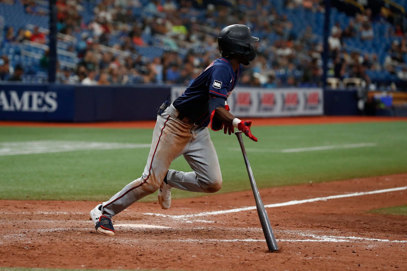 Minnesota Twins's Nick Gordon hits a winning single agains the Tampa Bay Rays during the ninth inning of a baseball game on Sunday, Sept. 5, 2021, in St. Petersburg, Fla. (AP Photo/Scott Audette)