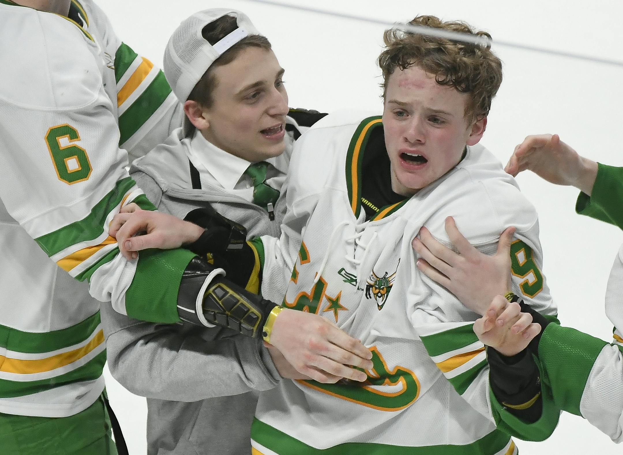 Edina forward Peter Colby (9) was overcome with emotion after scoring the game-winner in OT against Eden Prairie. ] Aaron Lavinsky ¥ aaron.lavinsky@startribune.com Edina played Eden Prairie in the boys' hockey state tournament Class 2A championship game on Saturday, March 9, 2019 at the Xcel Energy Center in St. Paul, Minn.