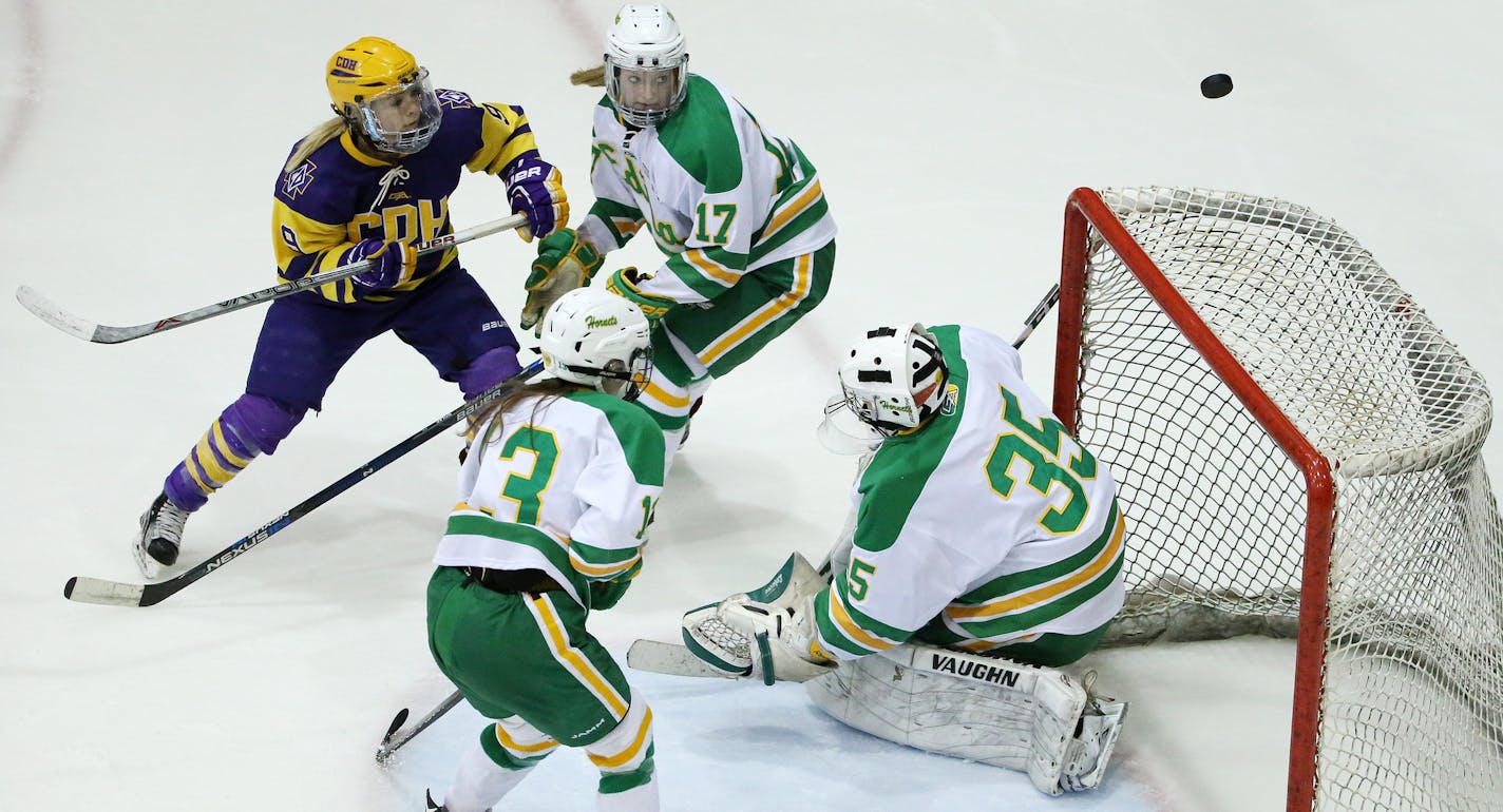 CDH's Erin Meyers tries to get the puck past Edina goaltender Anna Goldstein in the second period. ] ANTHONY SOUFFLE &#xef; anthony.souffle@startribune.com Game action from a sectional finals girls prep hockey game between Edina High School and Cretin-Derham Hall Friday, Feb. 17, 2017 at Ridder Arena on the grounds of the University of Minnesota in Minneapolis.