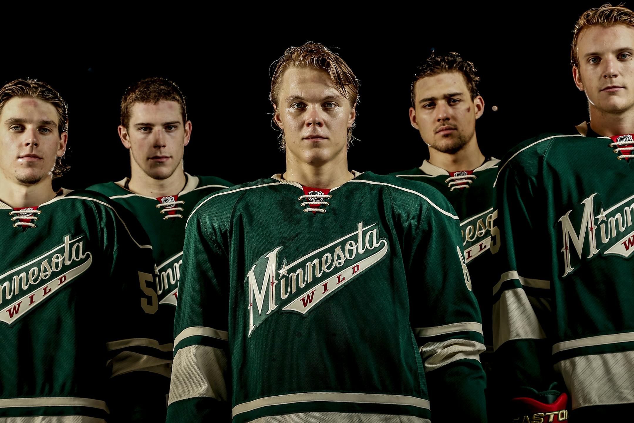 Minnesota Wild players Erik Haula, Charlie Coyle, Mikael Granlund, Nino Niederreiter and Jonas Brodin. ] CARLOS GONZALEZ cgonzalez@startribune.com - October 6, 2014 , St. Paul, Minn., Xcel Energy Center, NHL, Minnesota Wild