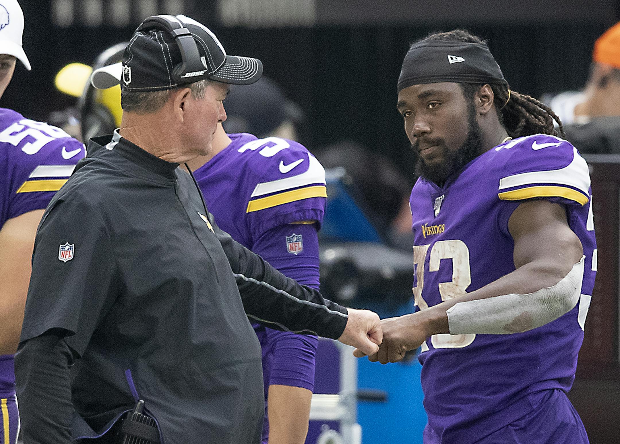 Vikings head coach Mike Zimmer gave a fist bump to running back Dalvin Cook during the fourth quarter as the Vikings took on the Atlanta Falcons at US Bank Stadium, Sunday, September 8, 2019 in Minneapolis, MN. ] ELIZABETH FLORES • liz.flores@startribune.com
