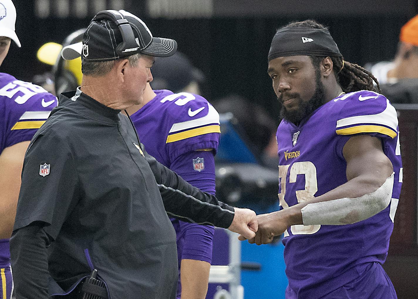 Vikings head coach Mike Zimmer gave a fist bump to running back Dalvin Cook during the fourth quarter as the Vikings took on the Atlanta Falcons at US Bank Stadium, Sunday, September 8, 2019 in Minneapolis, MN. ] ELIZABETH FLORES &#x2022; liz.flores@startribune.com