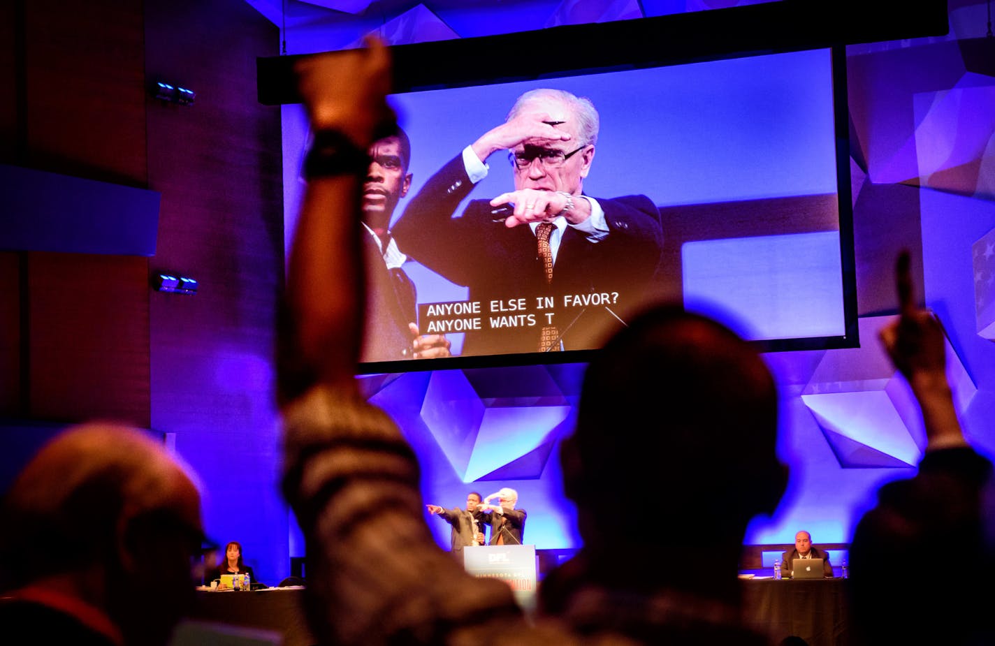 DFL Convention co-chairs Melvin Carter III and Tim O'Brien worked through a resolution that calls for the elimination of Super Delegates. The non-binding motion passed. ] GLEN STUBBE * gstubbe@startribune.com Saturday, June 4, 2016, 863750 DFLers convene in Minneapolis to find some unity in a party in which supporters are still bitterly split between Hillary Clinton and Bernie Sanders. DFLers meet to choose national convention delegates and battle over the party platform.