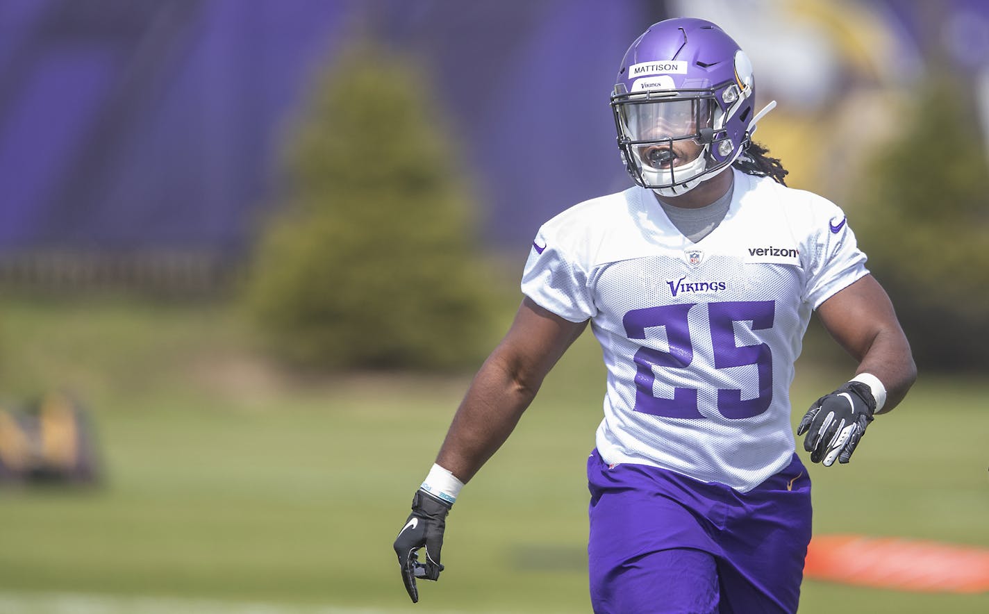 Minnesota Viking's rookie running back Alexander Mattison practiced during a mini-camp at the Twin Cities Orthopedic Center, Friday, May 3, 2019 in Eagan, MN. ] ELIZABETH FLORES &#x2022; liz.flores@startribune.com