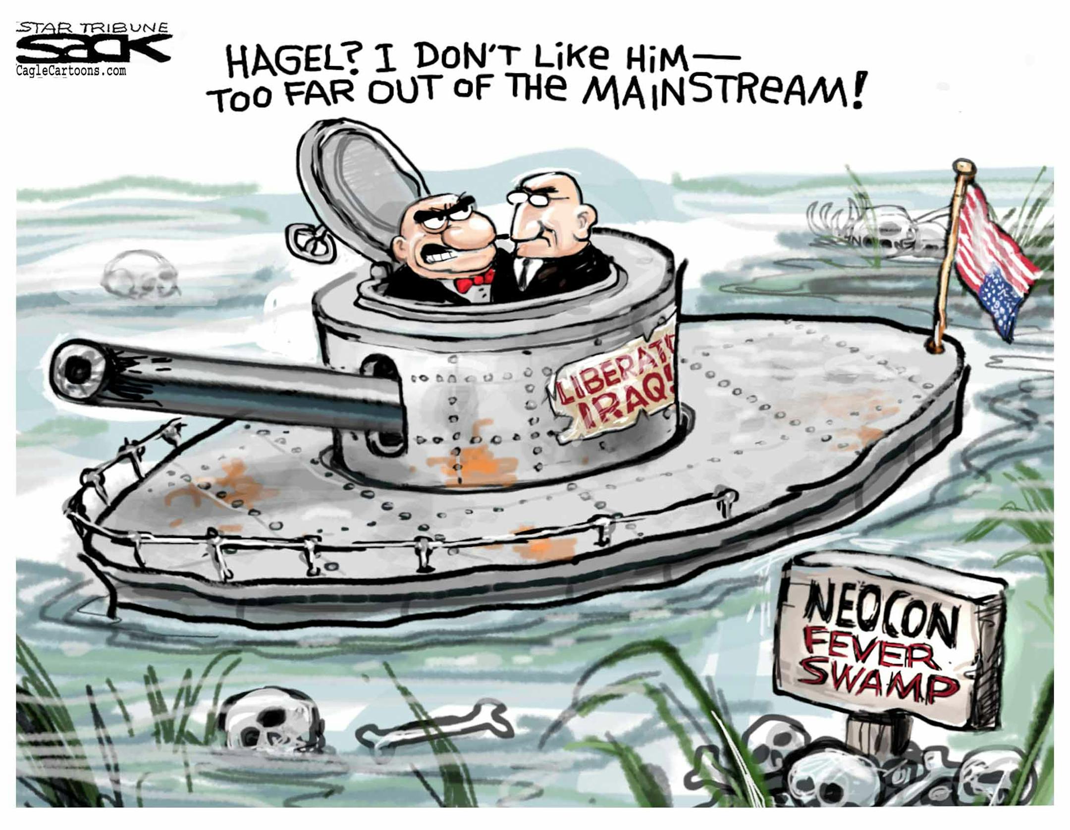 Steve Sack editorial cartoon for Jan. 11, 2013. Topic: Nomination of Chuck Hagel for Defense Secretary.