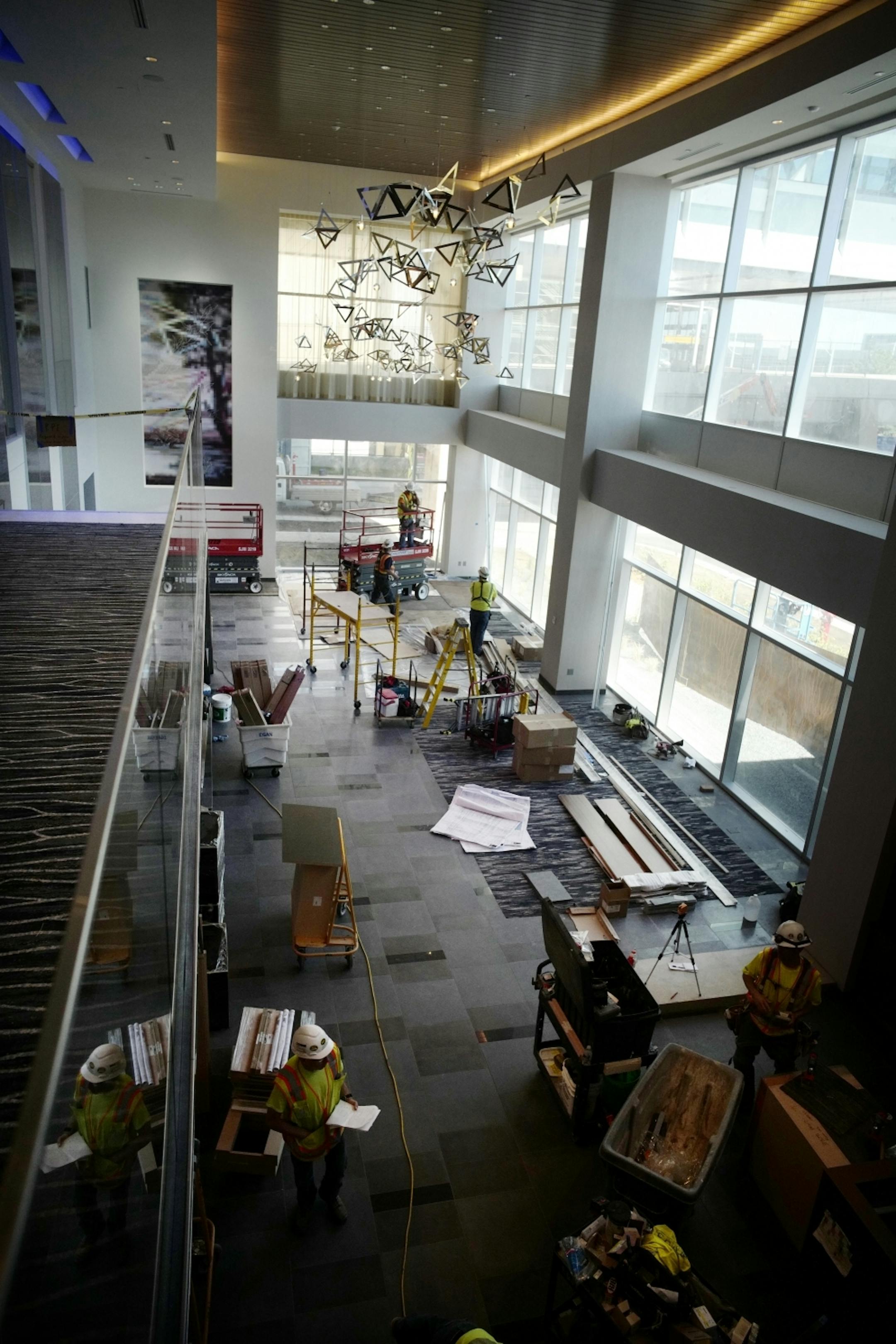 The lobby is two stories high and thoroughly modern.The InterContinental MSP International Airport Hotel, the first hotel in history to be connected to MSP International Airport, is finally about to open..