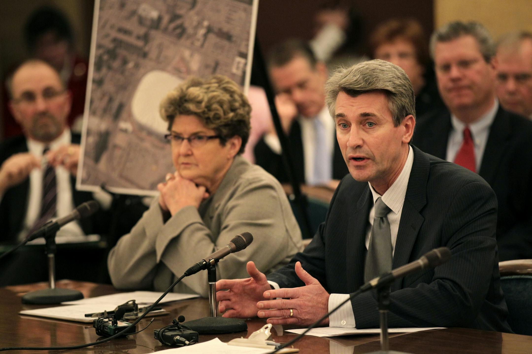 Minneapolis Mayor R.T. Rybak and City Council President Barbara Johnson spoke at a hearing last week about stadium sites in Minneapolis.