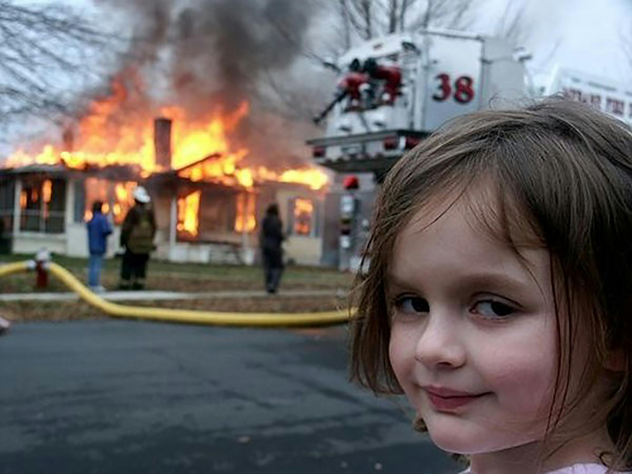 In an undated image provided by Dave Roth, "Disaster Girl," by Dave Roth and starring his daughter, Zoë. After more than a decade of having her image endlessly repurposed as a vital part of meme canon, Zoë has sold the original copy of her meme as a nonfungible token, or NFT, for nearly half a million dollars. (Dave Roth via The New York Times) — NO SALES; FOR EDITORIAL USE ONLY WITH NYT STORY DISASTER GIRL NFT BY MARIE FAZIO FOR APRIL 29, 2021. ALL OTHER USE PROHIBITED. —