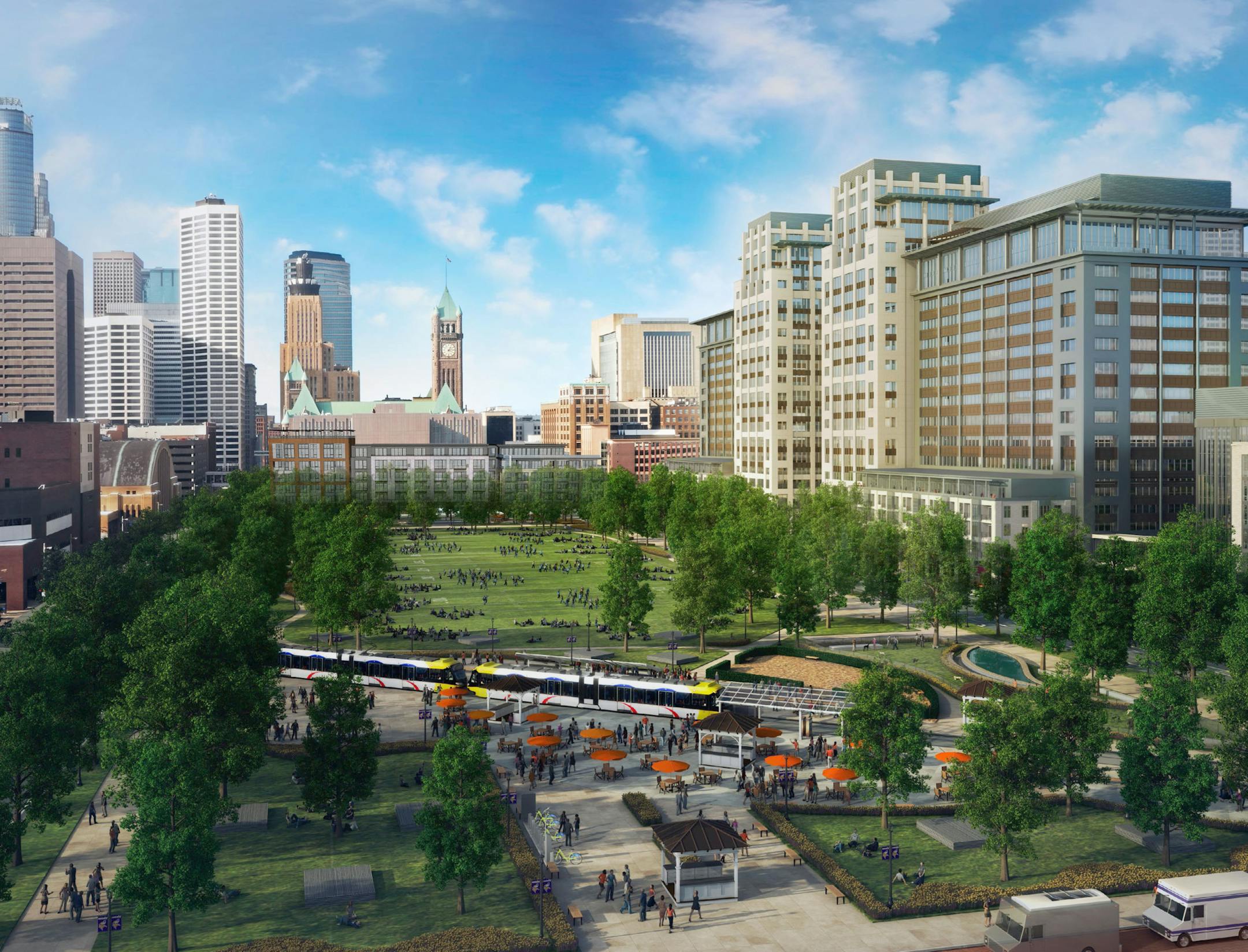 Ryan Companies proposes a $400 million redevelopment of five blocks now dominated by surface parking lots between the downtown central business district and the new Vikings stadium. This revised rendering includes an apartment building on the west end of the park space. ORG XMIT: MIN1311131147280511