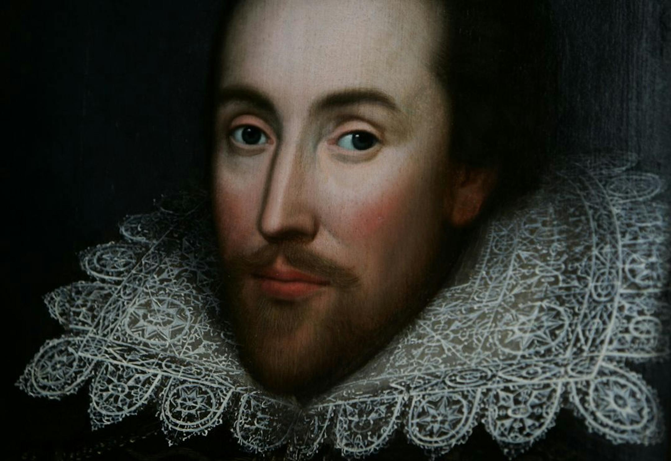 A detail of the newly discovered portrait of William Shakespeare, presented by the Shakespeare Birthplace trust, is seen in central London, Monday March 9, 2009. The portrait, believed to be almost the only authentic image of the writer made from life, has belonged to one family for centuries but was not recognized as a portrait of Shakespeare until recently. There are very few likenesses of Shakespeare, who died in 1616.