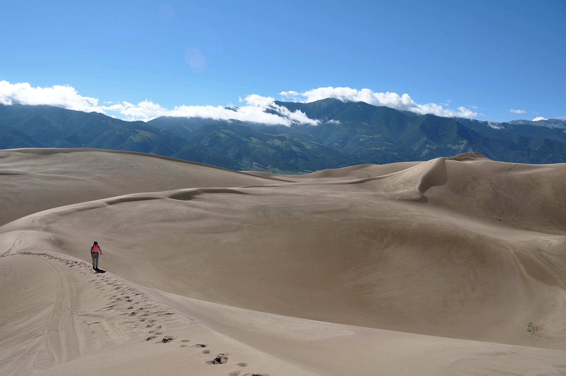 The dunes are vast at Great Sand Dunes National Park and Preserve; the Sangre Cristo Mountains are in the background.