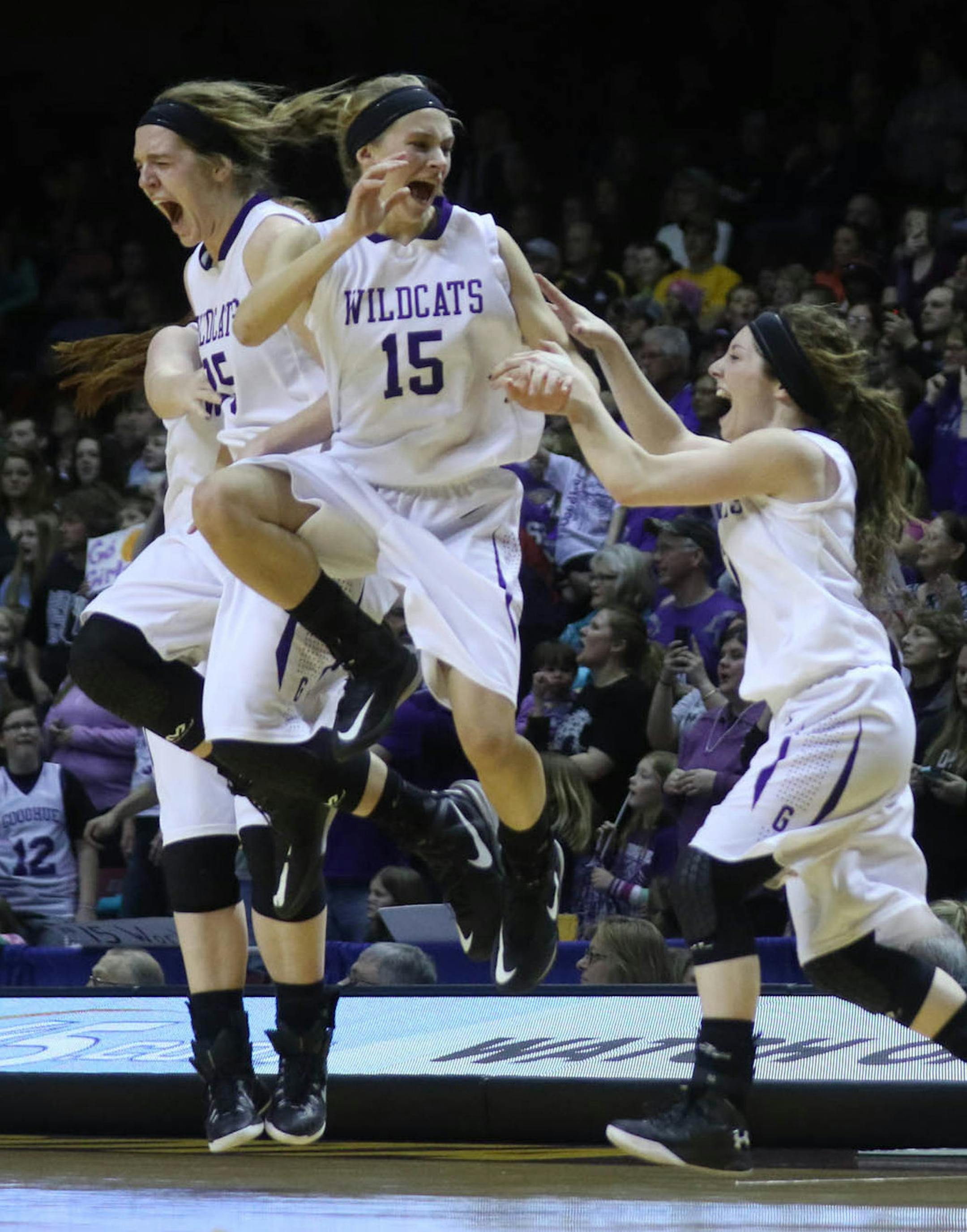 Goodhue players celebrated their 89-64 victory over MCA to win the Class 1A Championship. ] JIM GEHRZ ï james.gehrz@startribune.com / Minneapolis, MN / March 19, 2016 /12:00 PM ñ BACKGROUND INFORMATION: Action and reaction from the championship game of the Class 1A Girlsí 2016 State High School Basketball Tournament at Williams Arena, between Goodhue High School and Maranatha Christian Academy.