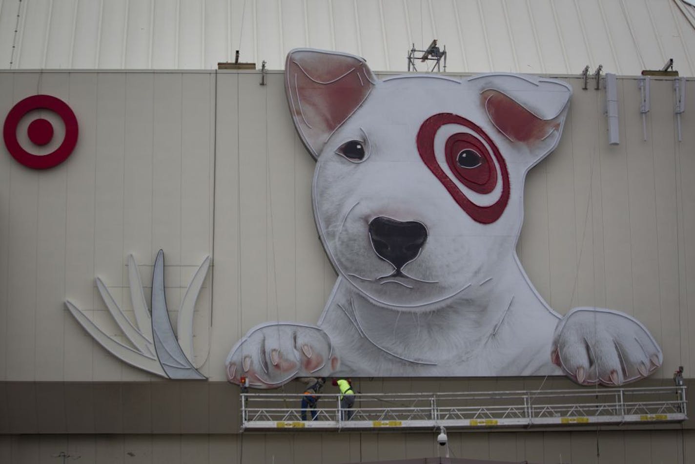 A new Target sign featuring Bullseye was erected Friday March 30, 2012 on Target Center facing Target Field in Minneapolis, Minn.