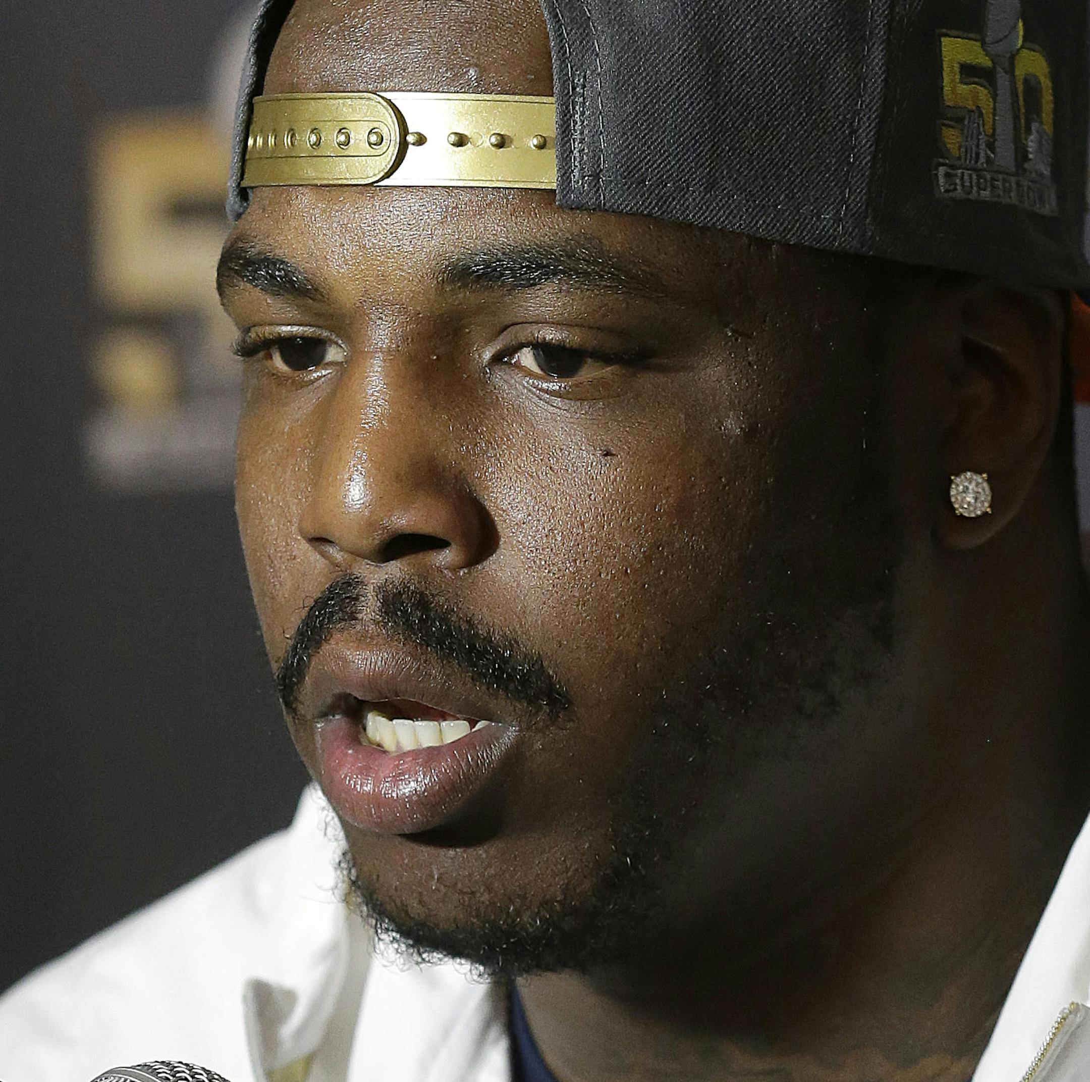 Denver Broncos defensive end Malik Jackson speaks to reporters in Santa Clara, Calif., Tuesday, Feb. 2, 2016. The Denver Broncos will play the Carolina Panthers in Super Bowl 50 Sunday, Feb. 7, 2016. (AP Photo/Jeff Chiu) ORG XMIT: CAJC