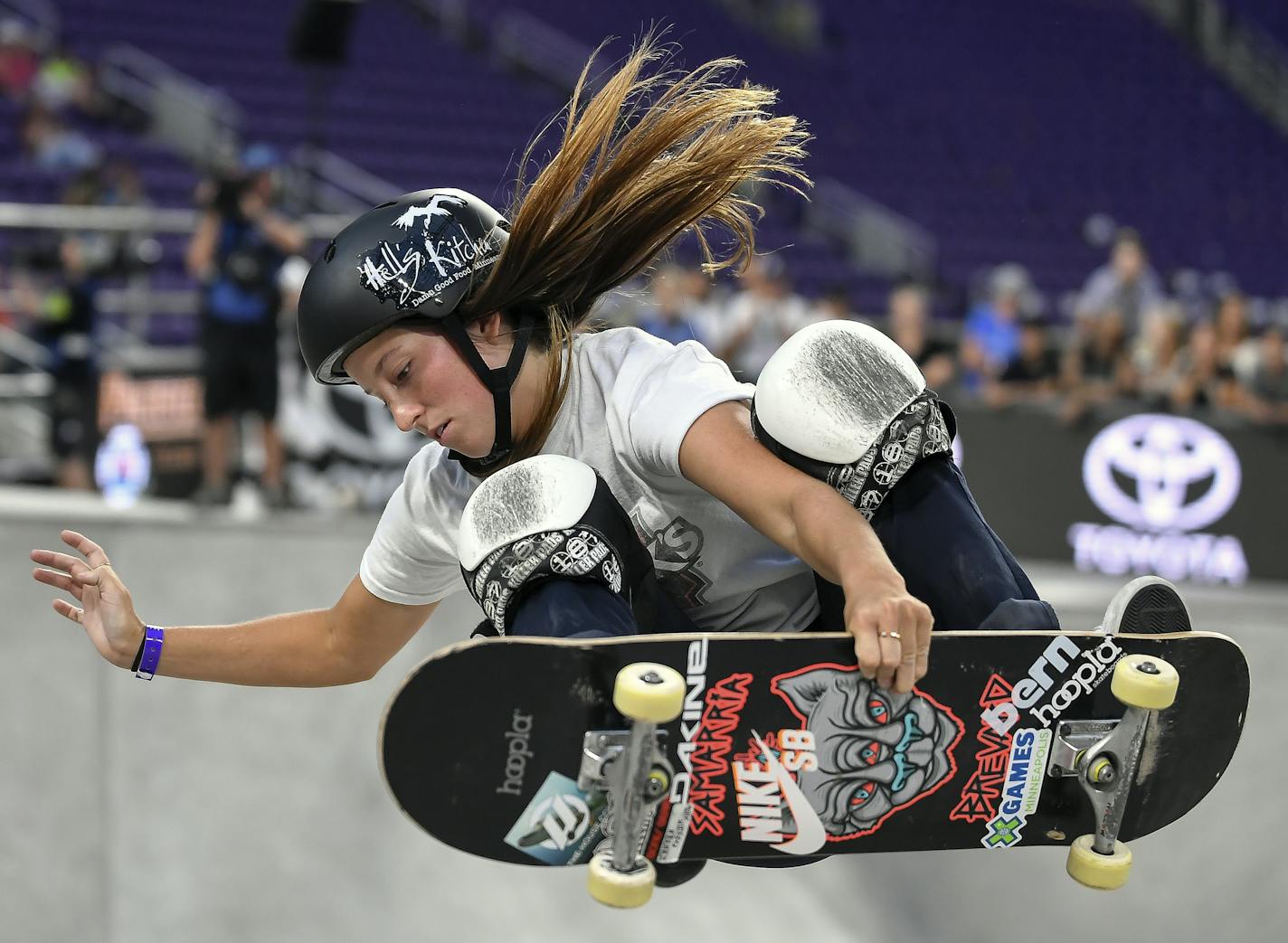 Nicole Hause launches out of the quarter pipe as she competes in the X Games women's park competition Saturday, July 15, 2017, in Minneapolis. (Aaron Lavinsky/Star Tribune via AP)