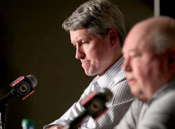 Minnesota Wild general manager Chuck Fletcher, left, and coach Bruce Boudreau met with media members to wrap up the season and to look to the future T