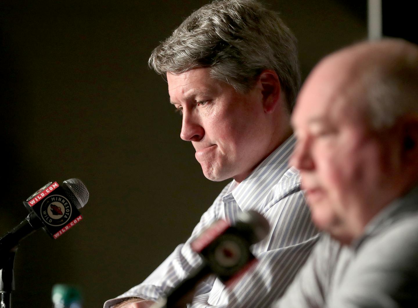 Minnesota Wild general manager Chuck Fletcher, left, and coach Bruce Boudreau met with media members to wrap up the season and to look to the future Tuesday.