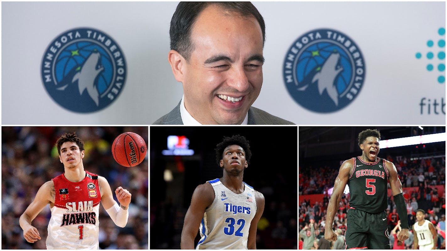 Wolves executive Gersson Rosas has the final call on what the team will do with its No. 1 pick on Wednesday night. The three top prospects are thought to be LaMelo Ball (left), James Wiseman (center) and Anthony Edwards.