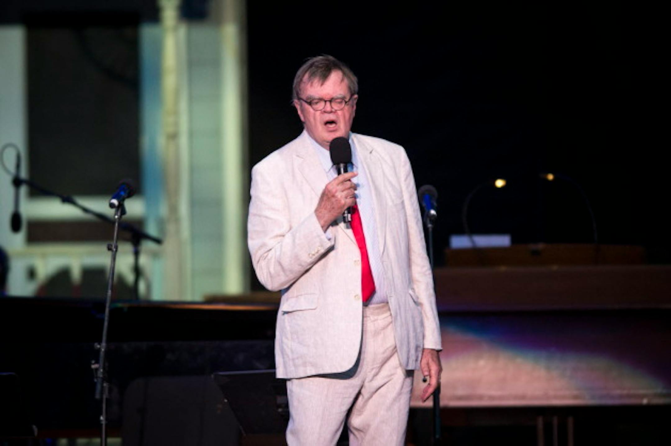 Garrison Keillor sang the National Anthem at the start of Friday night's show at the Grandstand.  ]   Aaron Lavinsky ' aaron.lavinsky@startribune.com   A Prairie Home Companion with Garrison Keillor and performed Friday, Sept. 4, 2015 at the Minnesota State Fair's Grand Stand.