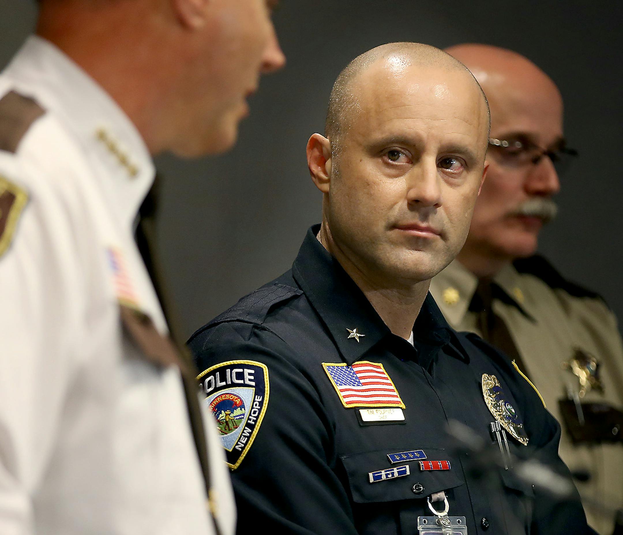 New Hope Police Chief Tim Fournier stood alongside Hennepin County Sheriff Richard W. Stanek, left, as they addressed the media regarding Raymond Kmetz, the man who shot two New Hope police officers outside a City Council meeting Monday, during a press conference at the New Hope City Hall, Wednesday, January 28, 205 in New Hope, MN. ] (ELIZABETH FLORES/STAR TRIBUNE) ELIZABETH FLORES • eflores@startribune.com