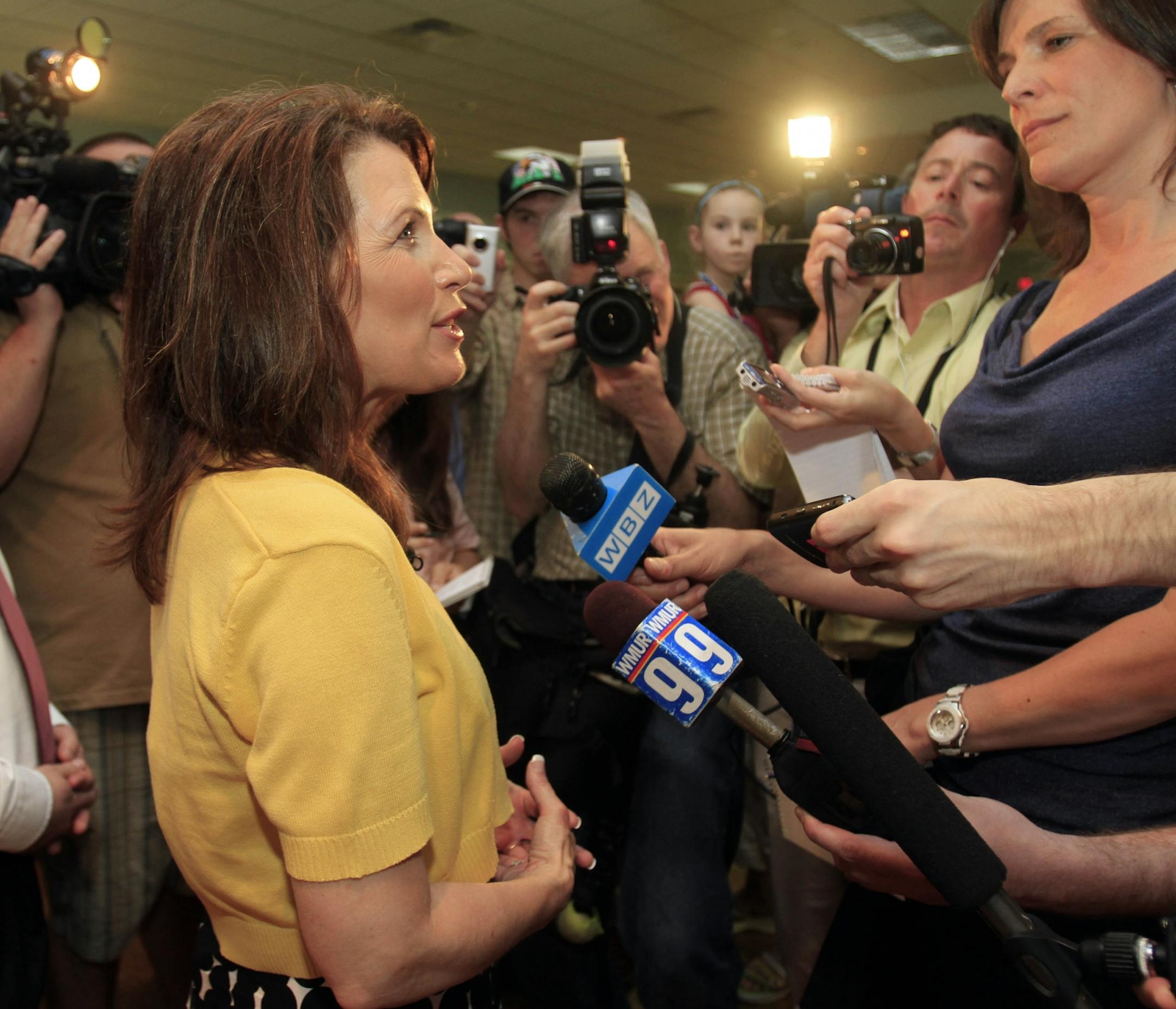 Possible 2012 presidential hopeful, U.S. Rep. Michelle Bachmann, R-Minn. ,takes questions during a Republican party picnic Monday, May 30, 2011 in Dover, N.H.
