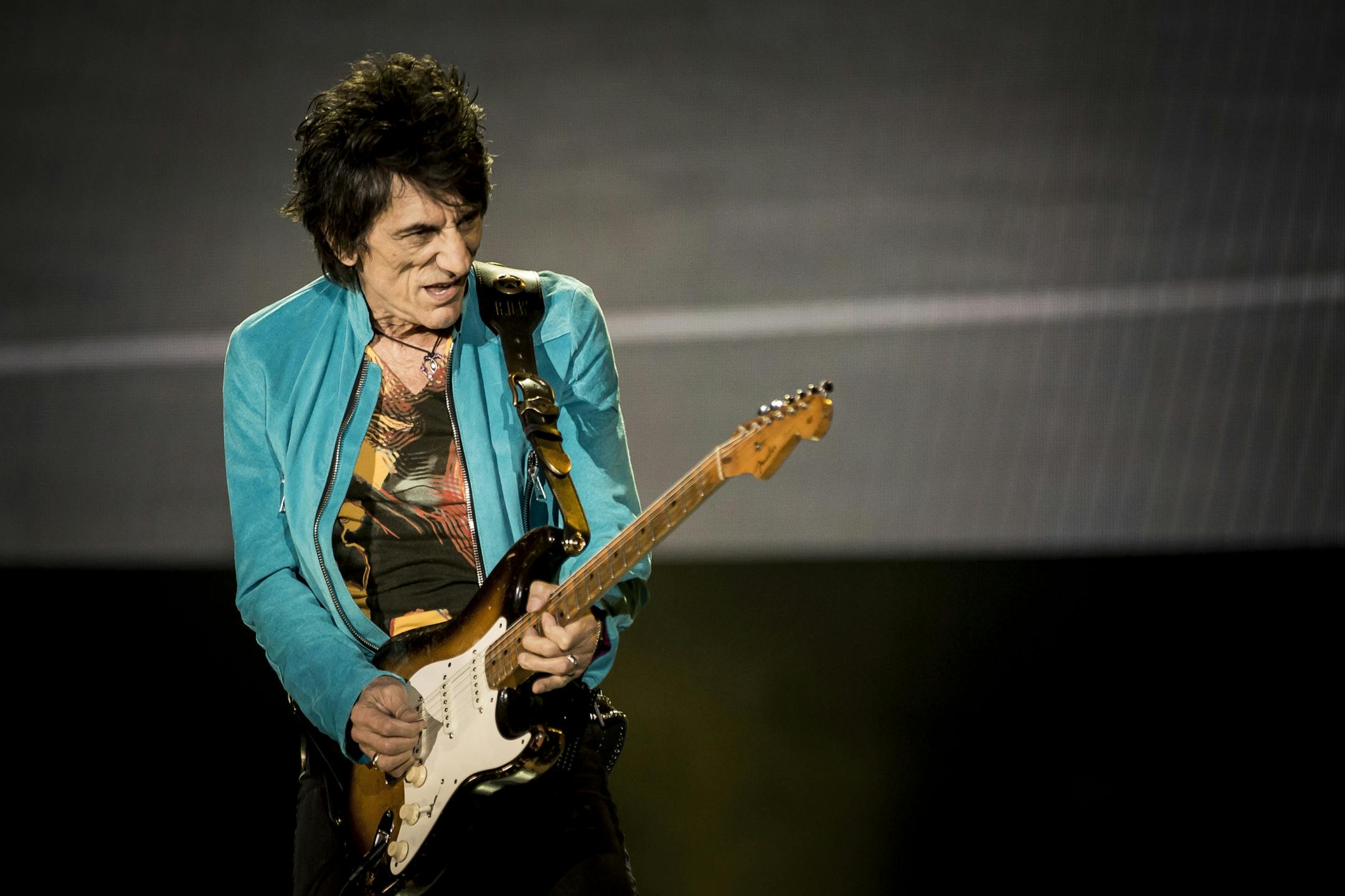 Ronnie Wood of the Rolling Stones plays at Desert Trip, the boomer-friendly festival, at the Coachella site in Indio, Calif., Oct. 7, 2016. The Stones remain inveterate showmen, and their set was both energetic and musicianly, focused on the blues and songs about perseverance against mortality.