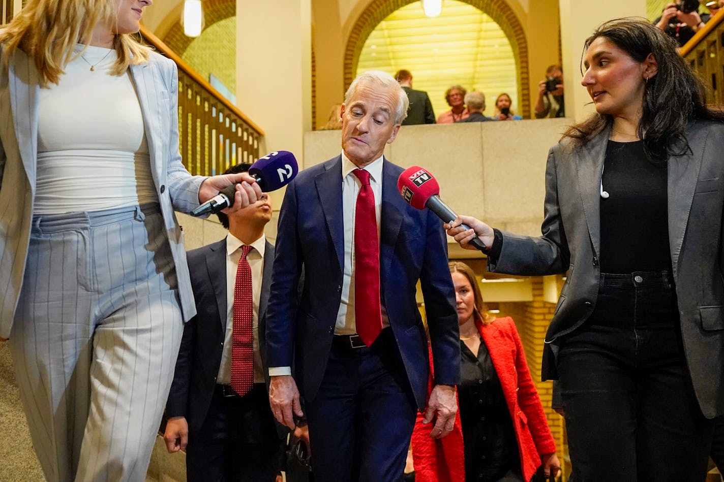 Norway's Prime Minister and Party leader Jonas Gahr Store will enter the Storting after the municipal elections 2023, in Oslo, Norway, Monday, Sept. 11, 2023. (Lise Åserud/NTB Scanpix via AP)