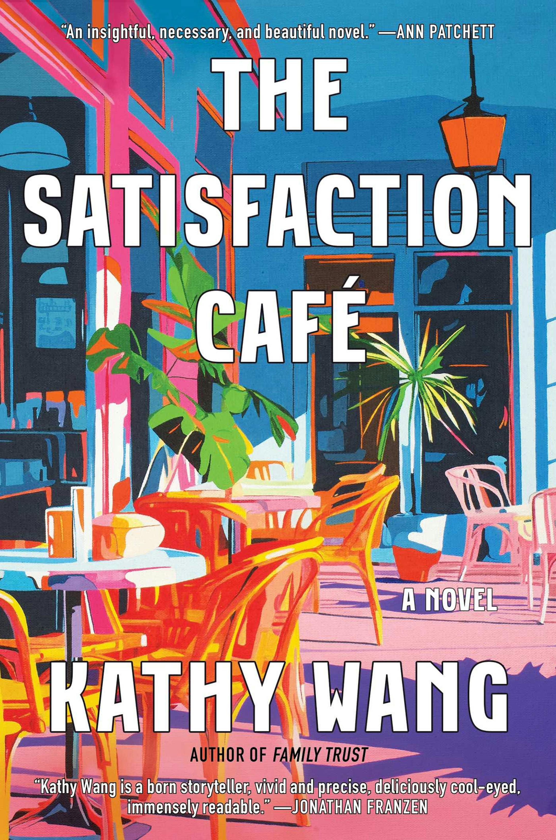 cover of The Satisfaction Café is a colorful illustration of an outdoor cafe, with tables, chairs and plants