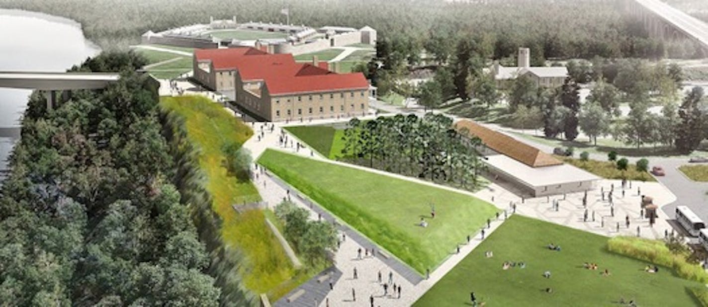 This drawing depicts the proposed new landscape at the entrance of Historic Fort Snelling. The grassy knoll at the center is where the existing visitors&#x2019; center sits; the large building beyond it is the 1909 barracks intended as the new visitors&#x2019; center.