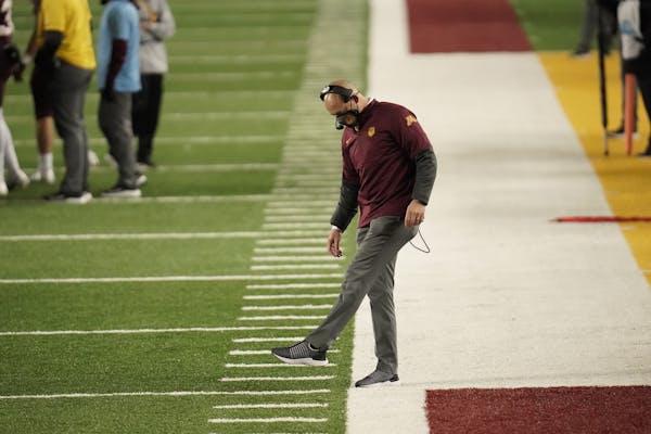 Minnesota Gophers head coach P.J. Fleck kicked something as his team trailed the Iowa Hawkeyes in the fourth quarter. ] Mark Vancleave Ð The Minnesot