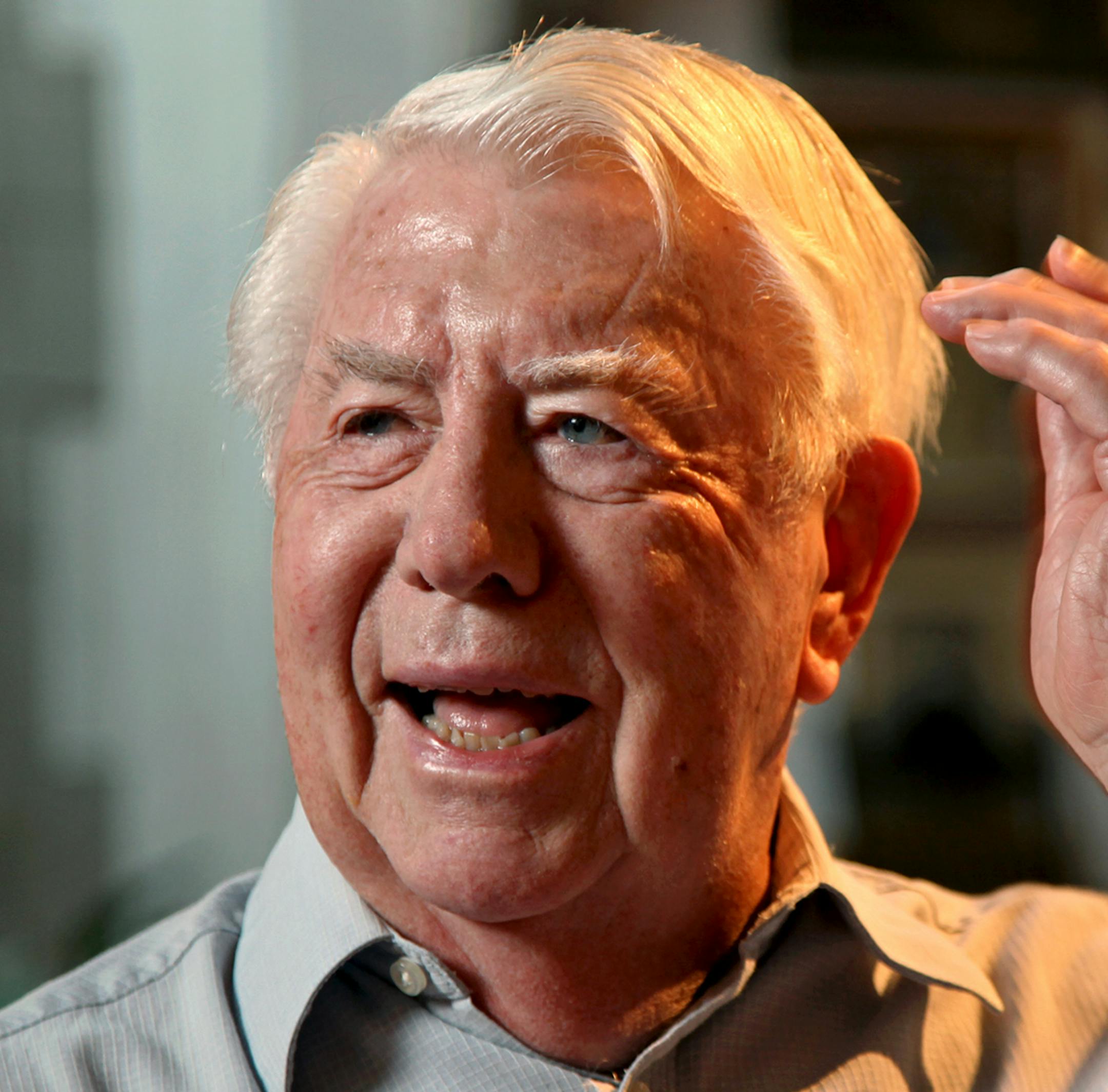 FILE - In this Aug. 16, 2010 file photo, Mort Walker, the artist and author of the Beetle Bailey comic strip, speaks about his decades of work and experiences at his studio in Stamford, Conn. Walker is getting accolades from top military brass and others as he celebrates his 90th birthday. Walker turns 90 on Sept. 3. (AP Photo/Craig Ruttle, File)