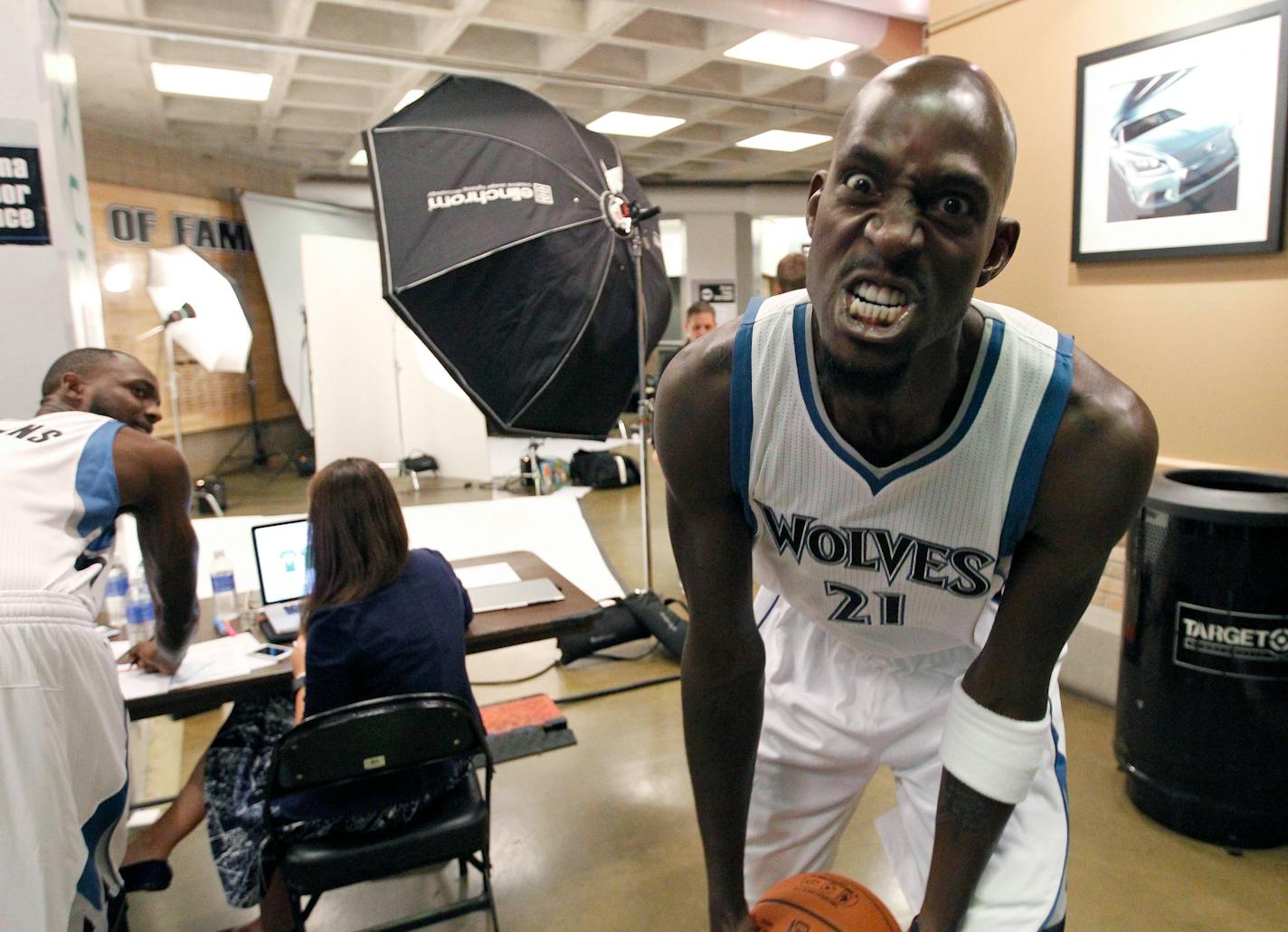 Timberwolves forward Kevin Garnett joked around during the team's media day on Monday.