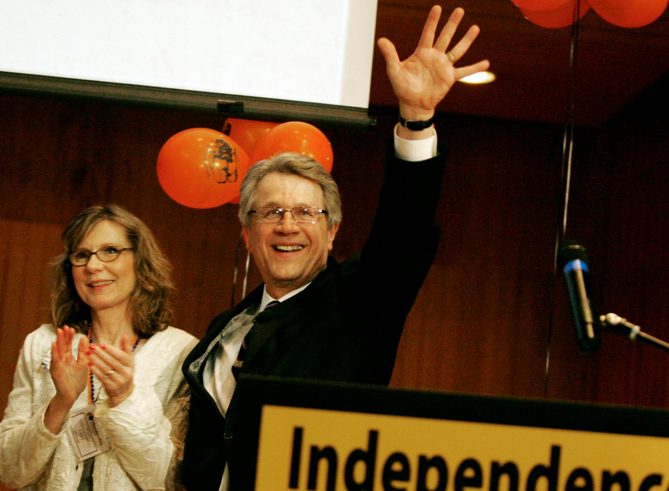 Tom Horner with his wife Libby by his side after his acceptance speech.