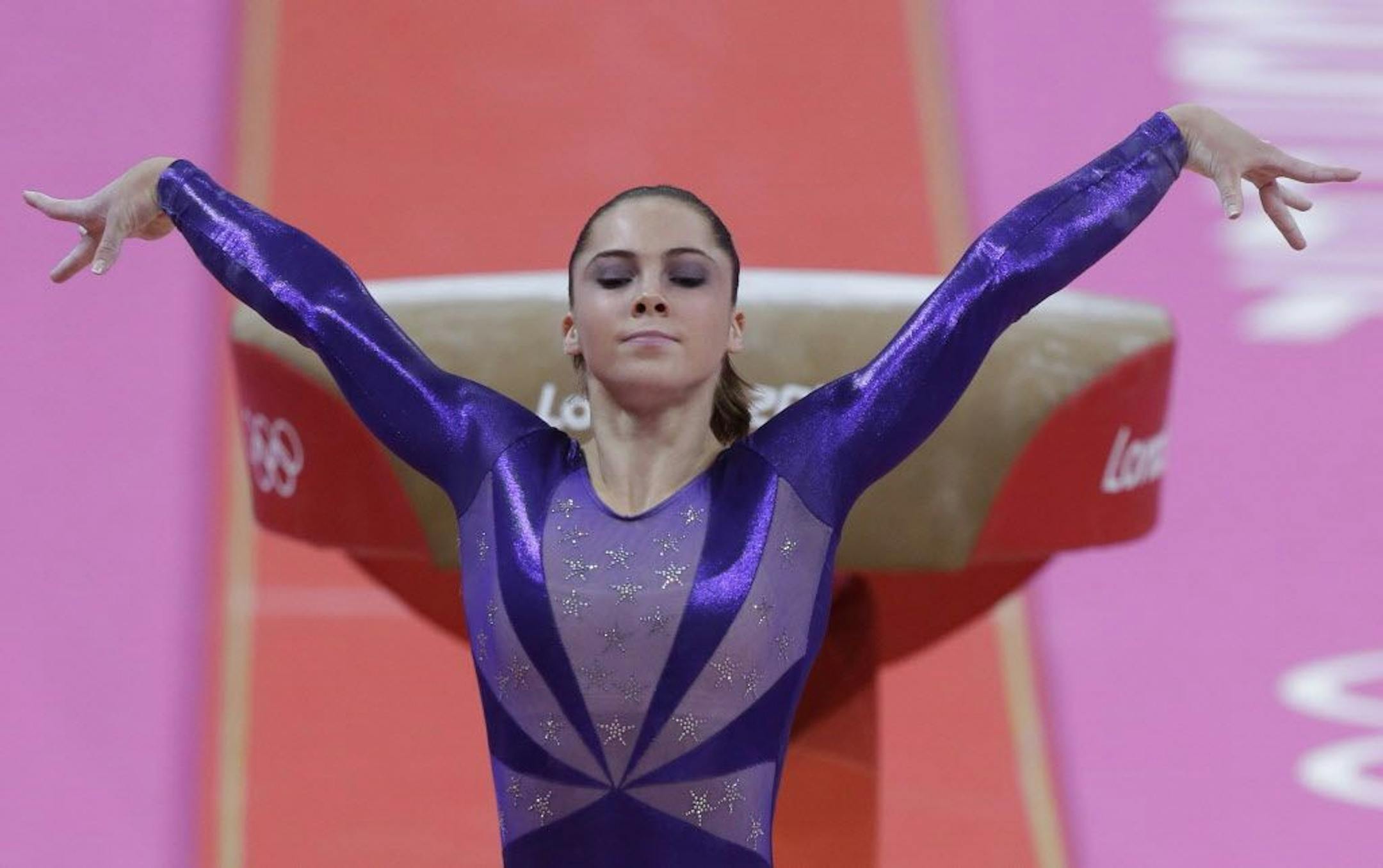 FILE - In this July 29, 2012, file photo, U.S. gymnast McKayla Maroney poses after completing her routine on the vault during the Artistic Gymnastic women's qualifications at the 2012 Summer Olympics in London. Maroney posted a statement on Twitter Oct. 18, 2017, in which she said she was molested for years by former Team USA doctor Larry Nassar.