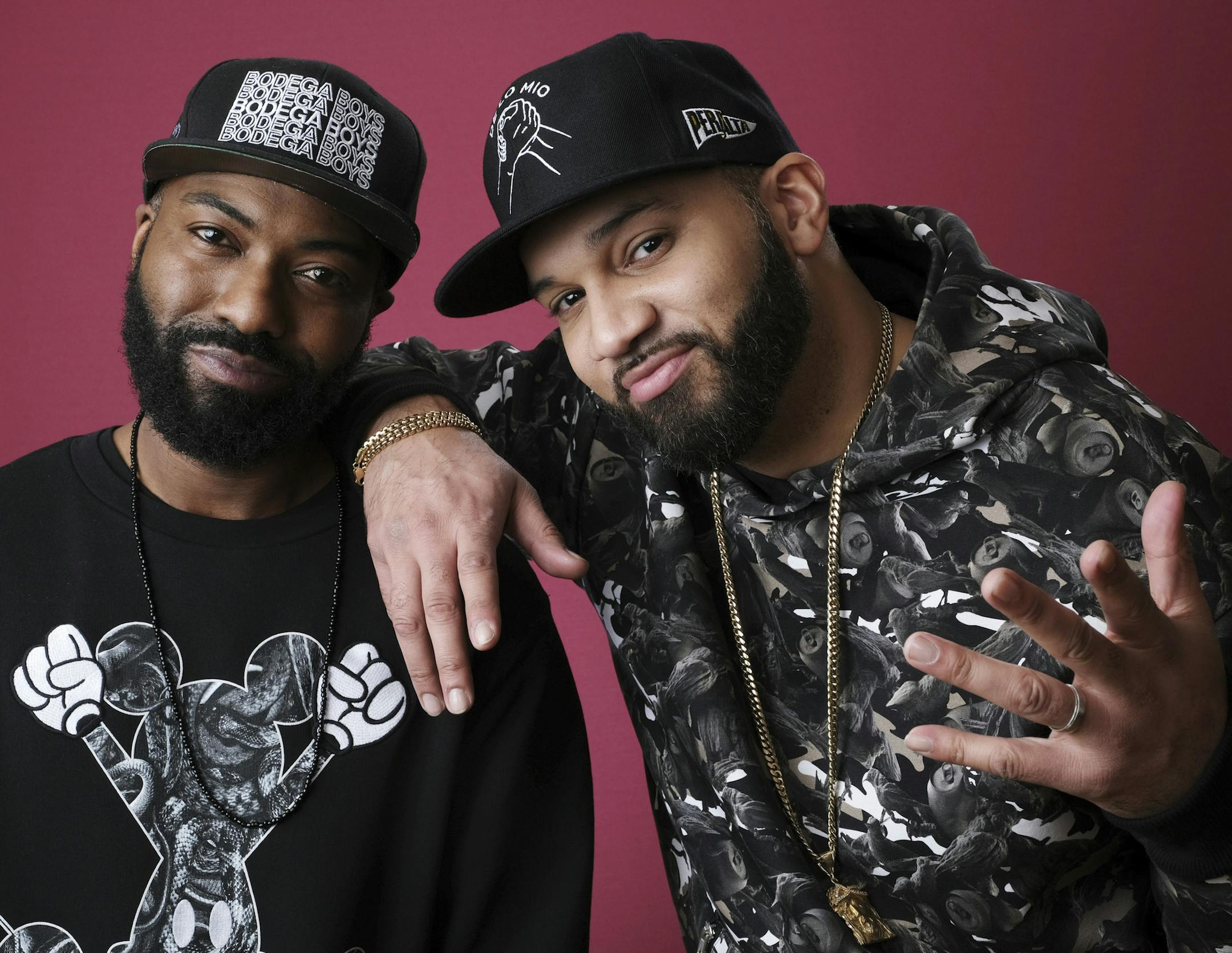 Desus Nice, left, and The Kid Mero, hosts of the Showtime talk show "Desus & Romero," pose together for a portrait during the 2019 Winter Television Critics Association Press Tour, Thursday, Jan. 31, 2019, in Pasadena, Calif. (Photo by Chris Pizzello/Invision/AP)