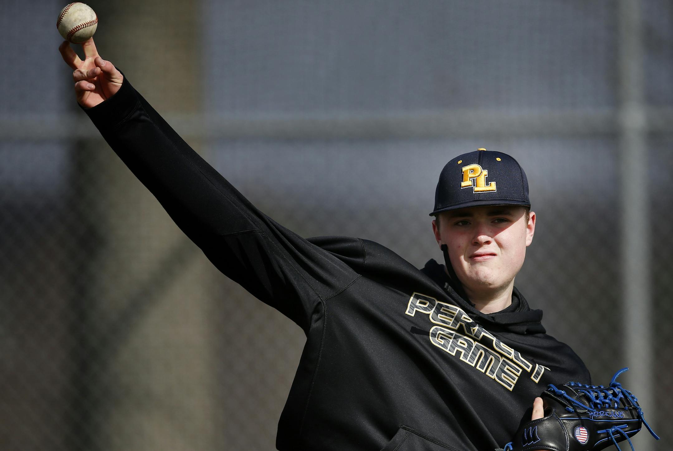 Prior Lake pitcher Nick Hanson. ] CARLOS GONZALEZ cgonzalez@startribune.com - April 4, 2016, Prior Lake, MN, Feature story on Prior Lake baseball, senior pitchers Nick Hanson, Jimmy Larson and Lawson Zenner