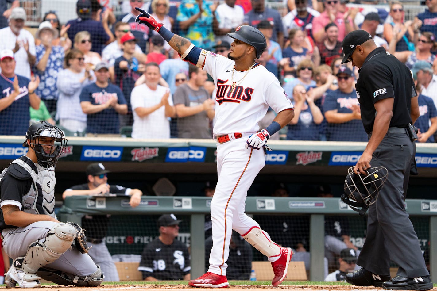 Minnesota Twins first baseman Luis Arraez (2) celebrates as he crosses home plate after hitting a solo home run in the first inning against the Chicago White Sox Saturday, July 16, 2022, at Target Field in Minneapolis. (Alex Kormann/Minneapolis Star Tribune/TNS) ORG XMIT: 53330669W