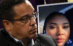 A photo of Zaria McKeever is on display behind Minnesota Attorney General Keith Ellison at Shiloh Temple in Minneapolis.