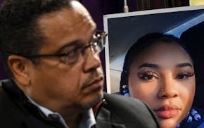 A photo of Zaria McKeever is on display behind Minnesota Attorney General Keith Ellison at Shiloh Temple in Minneapolis.