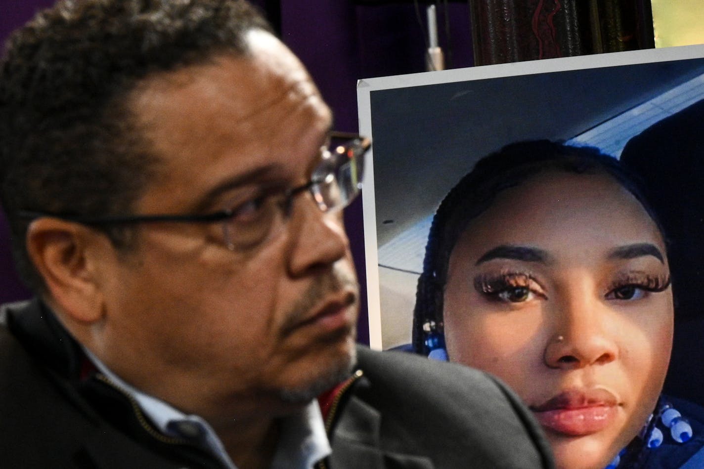 A photo of Zaria McKeever is on display behind Minnesota Attorney General Keith Ellison at Shiloh Temple in Minneapolis.