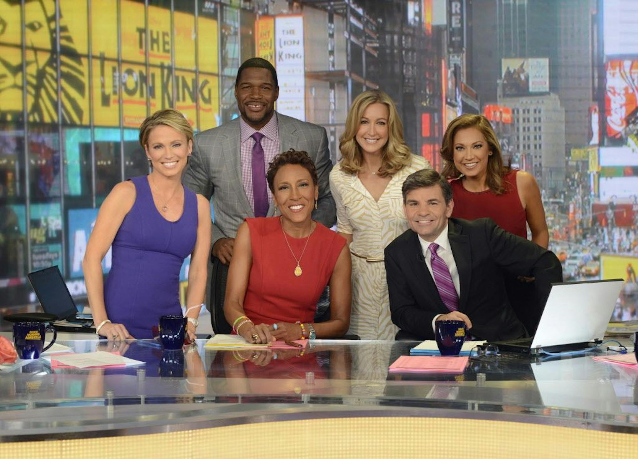 The on-air staff of "Good Morning America": Amy Robach, Michael Strahan, Robin Roberts, Lara Spencer, George Stephanopoulos and Ginger Zee.