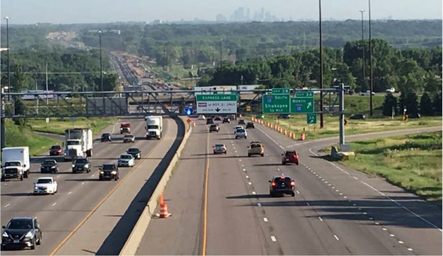 Enforcement beacons tested on I-35W in Burnsville flash blue if a motorist has a valid tag. An amber light flashes if no tag is detected.The system will be expanded to portions of all MnPASS lanes this fall.